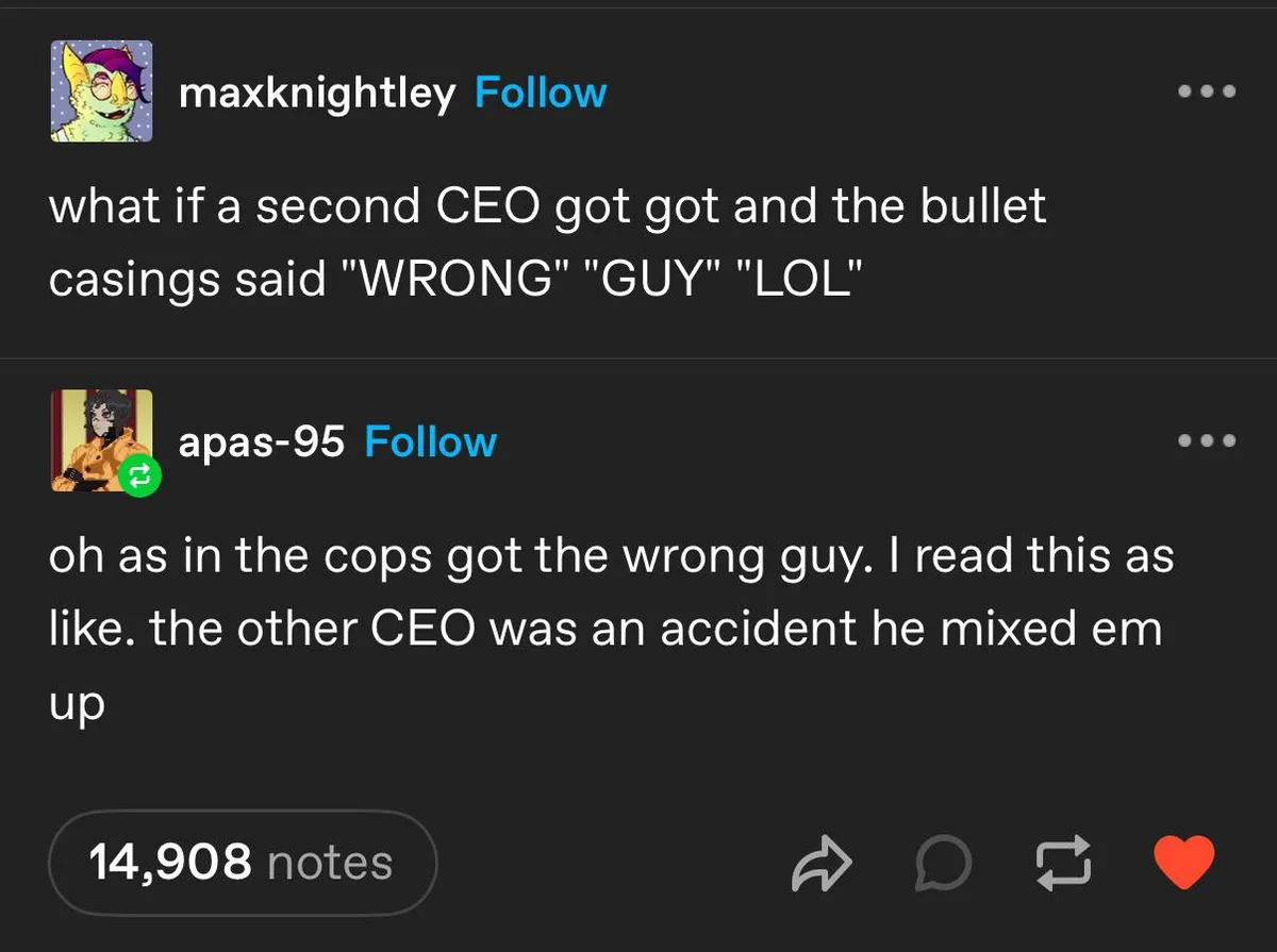A screenshot of a Tumblr post showing a user named maxknighlty asking a joke question about a second CEO being killed with…
