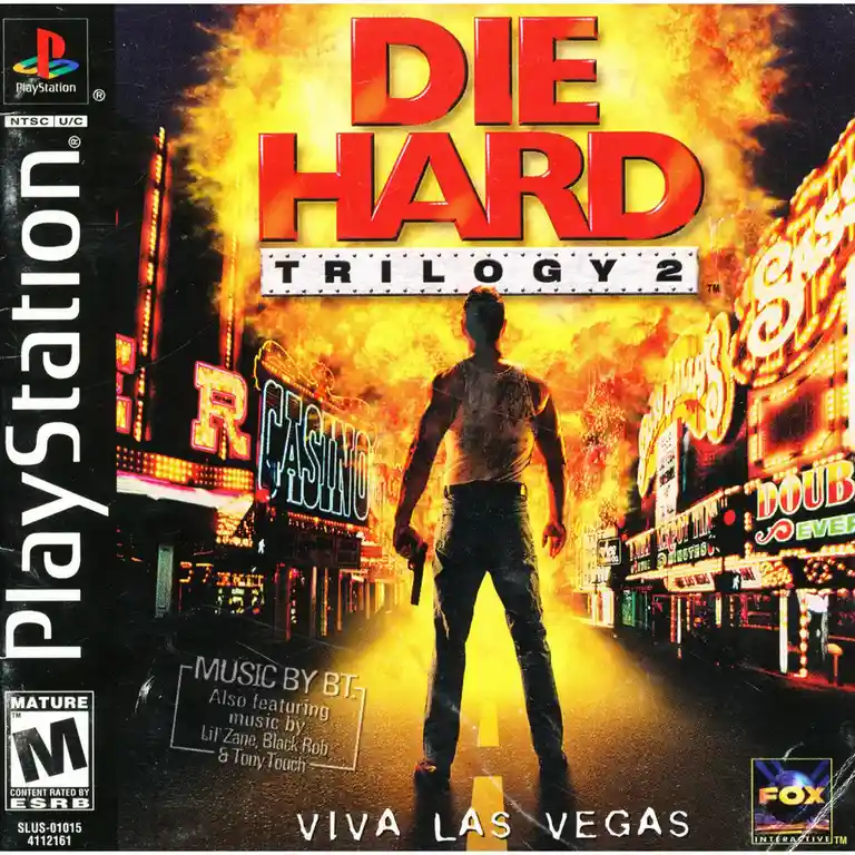 The image is the cover art for the PlayStation game 'Die Hard Trilogy 2', showing a man from behind holding a gun, standing…