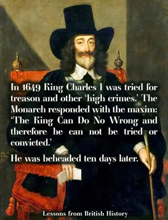 A historical portrait of King Charles I in a black hat and dark clothing, seated on a red throne, with white text overlaid…