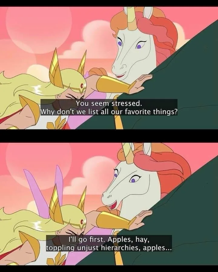Two animated characters, a golden-haired figure and a white unicorn with a red mane, are shown in a two-panel comic. In the…