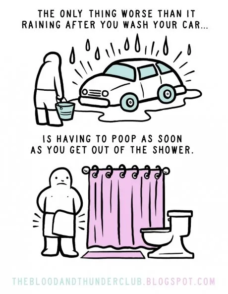 The image is a two-panel comic. The top panel shows a person in a white robe washing a car with a bucket while raindrops…