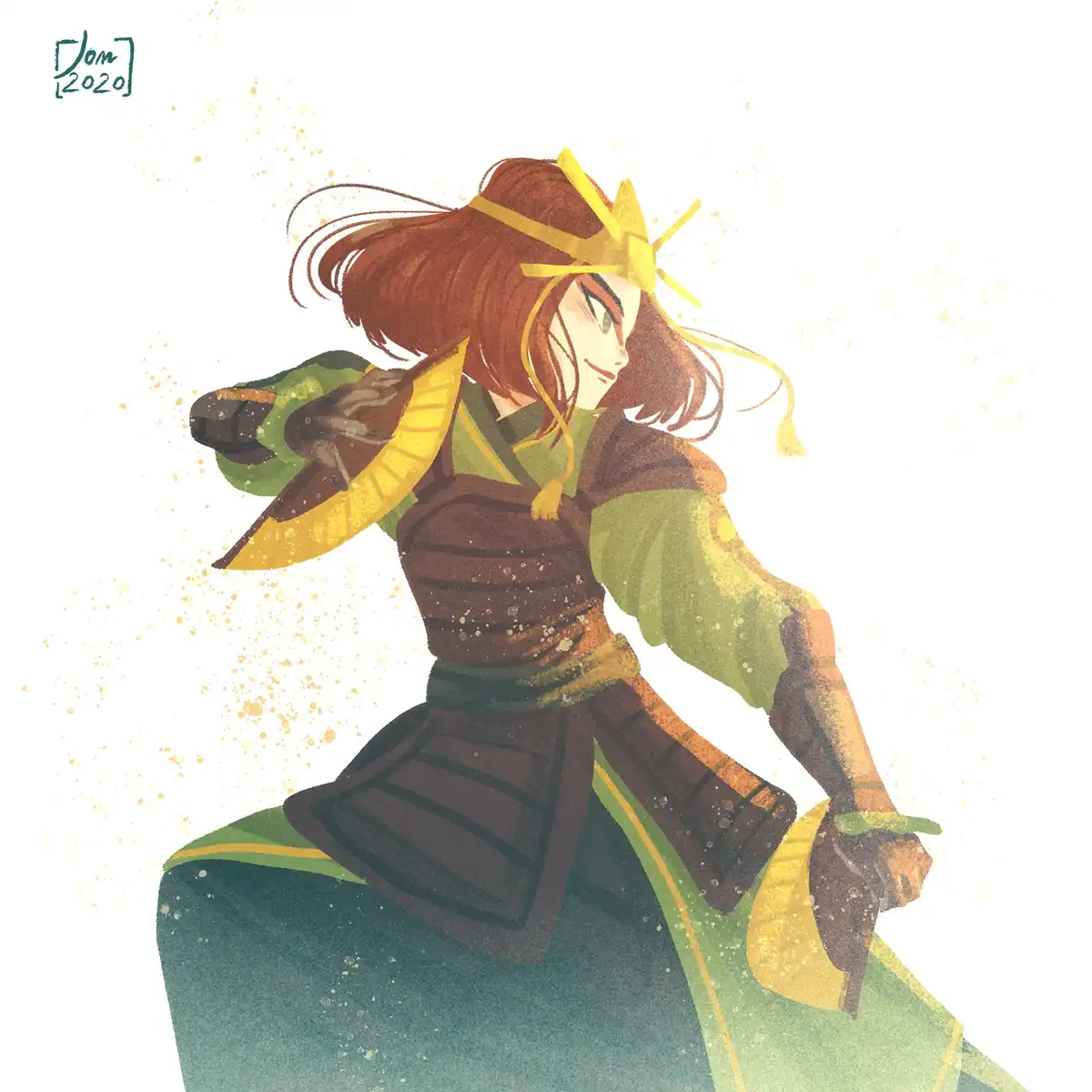 An anime-style illustration of a female samurai with brown hair, wearing green and brown armor and a yellow headband…
