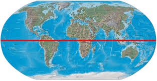 a world map with a red line drawn horizontally across the center, visually representing the equator passing through the…