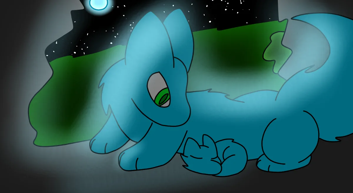 A blue cartoon fox-like creature with green eyes lies curled up on a green hill under a starry night sky with a glowing…