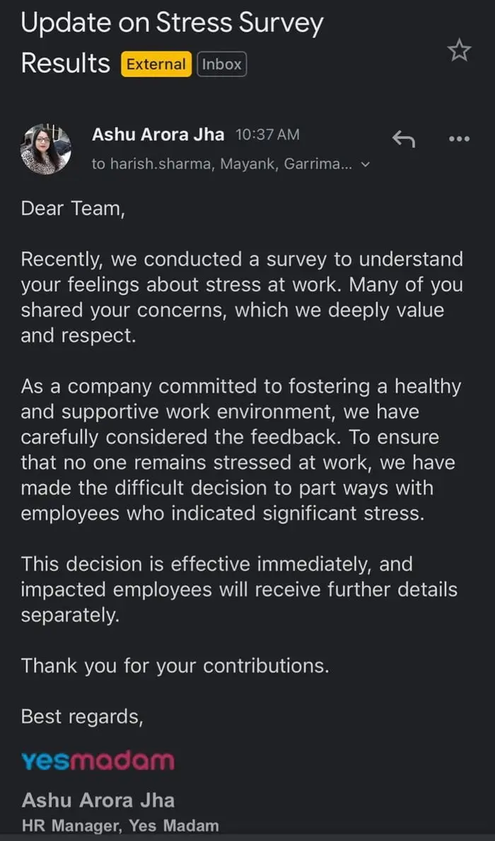 A screenshot of an email from HR Manager Ashu Arora Jha to a team, announcing that employees who reported significant stress…
