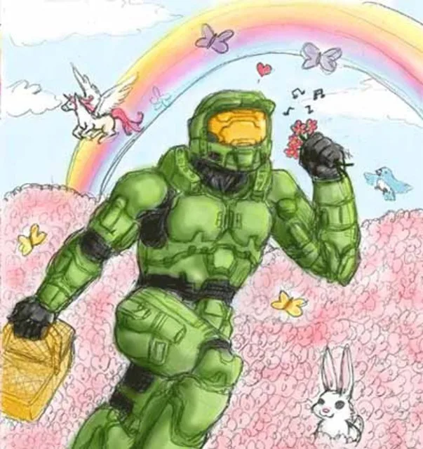 A cartoon drawing of Master Chief from Halo in green armor, standing in a field of pink flowers under a rainbow, holding a…