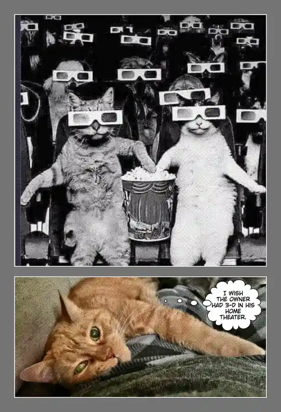 The top panel shows two cats wearing 3D glasses in a movie theater, with a popcorn bucket between them and other audience…