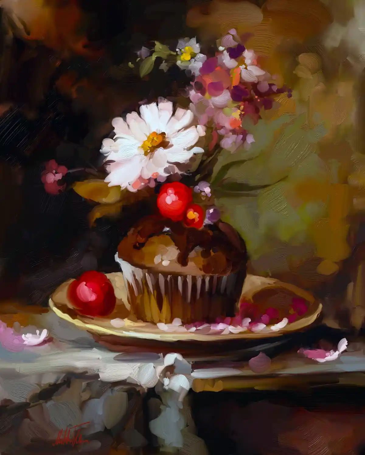 A painterly still life depicts a cupcake on a saucer, surrounded by and topped with an elaborate arrangement of colorful…