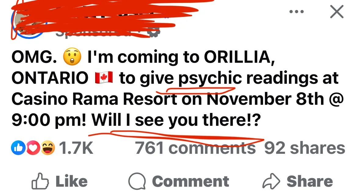 A screenshot of a Facebook post with red scribbles over the top-left corner and parts of the text. The post announces a…