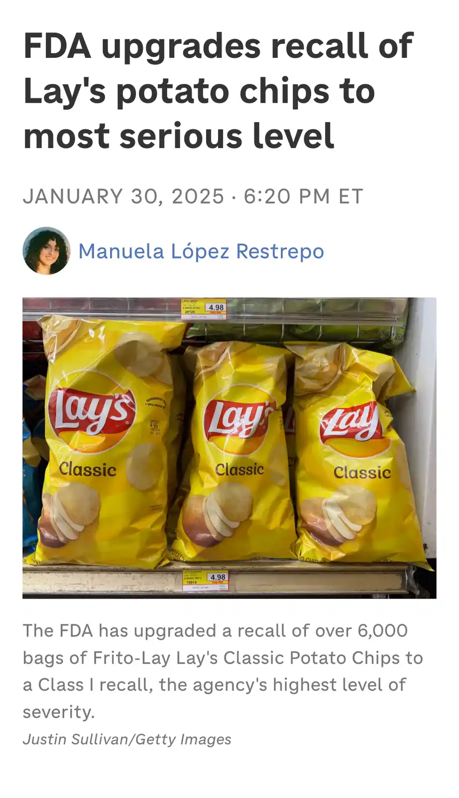 A news article screenshot shows three bags of Lay's Classic potato chips on a supermarket shelf, with the headline 'FDA…