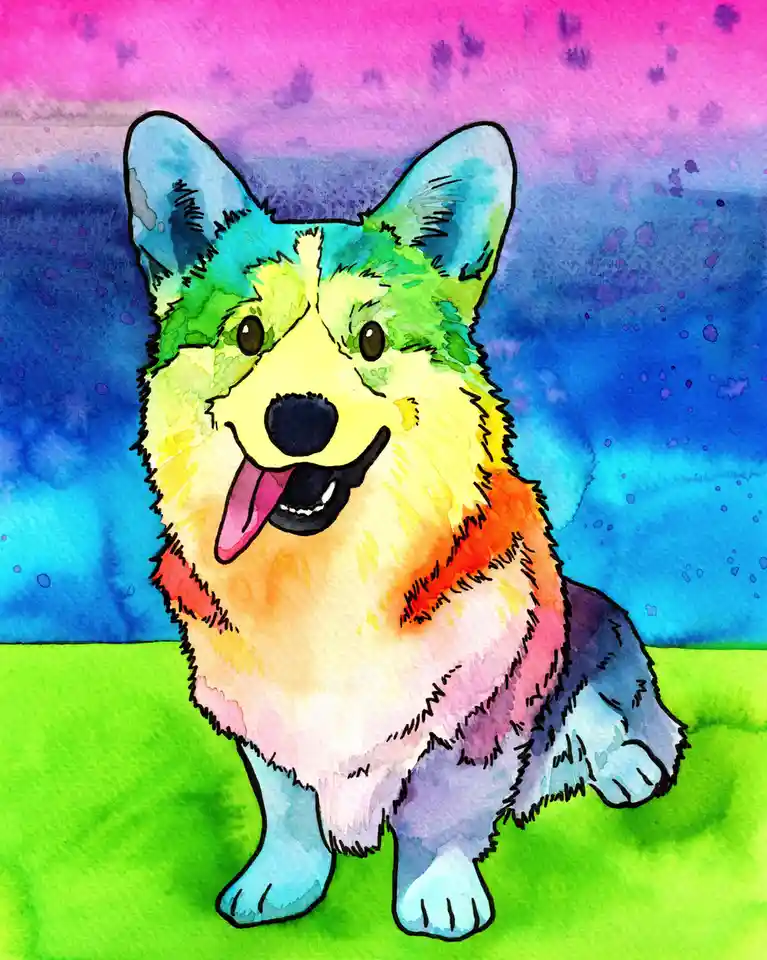 A watercolor painting of a smiling corgi with a rainbow-colored coat standing on green grass against a vibrant pink and blue…