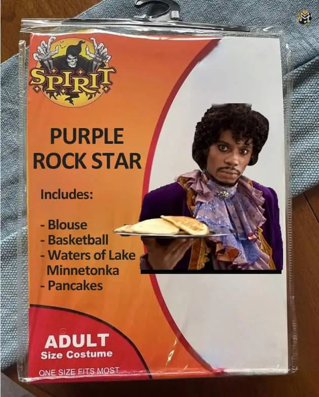 A Spirit Halloween costume package labeled 'Purple Rock Star' features a photo of Prince holding a tray of pancakes. The…