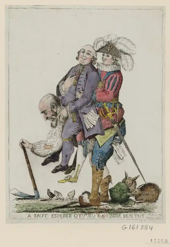 An 18th-century French political cartoon depicts three men in period attire: a clergyman in purple, a soldier in red and…