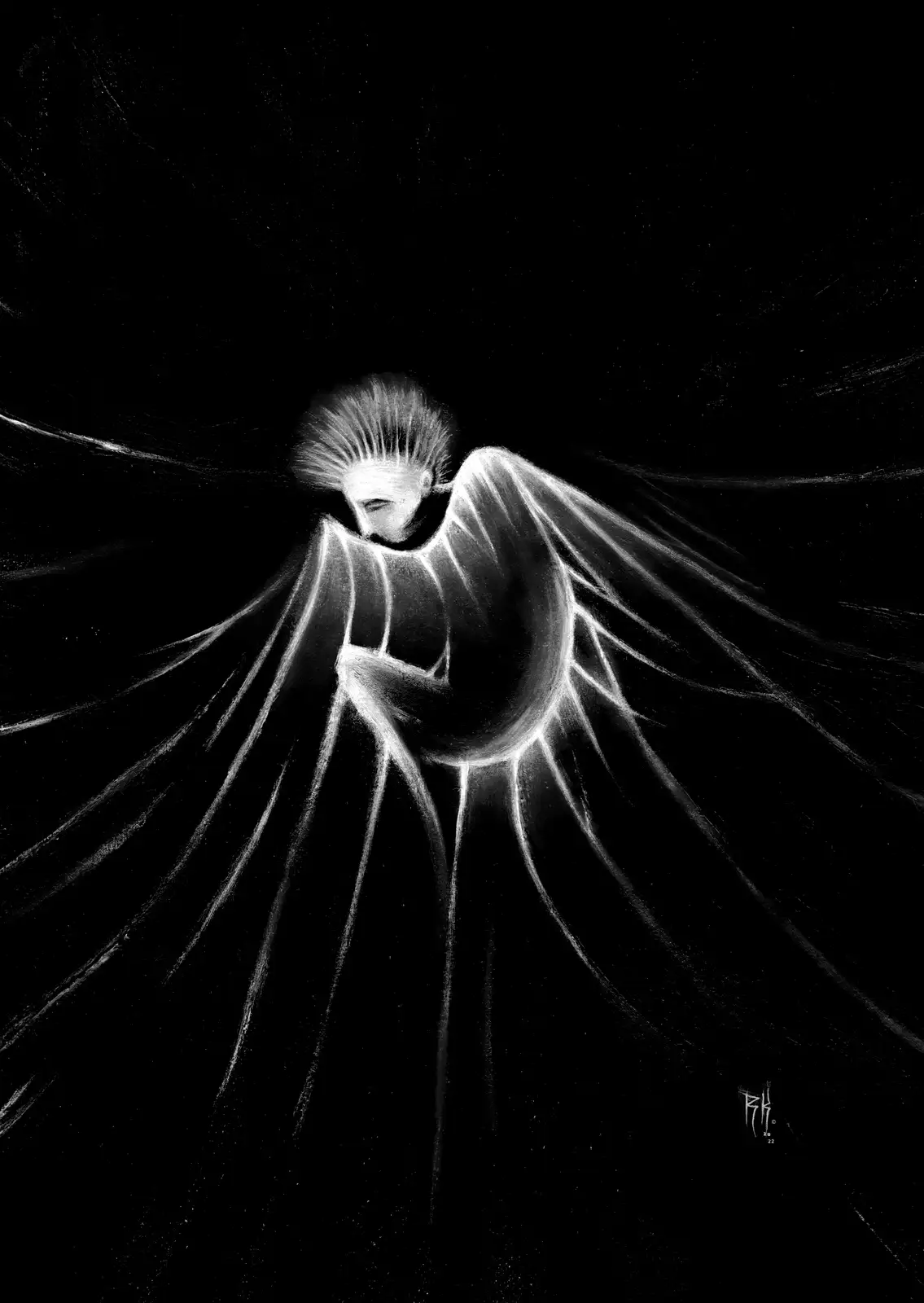 A black-and-white drawing depicts a figure with spiky hair and large, flowing wings, hunched over with their head down in a…