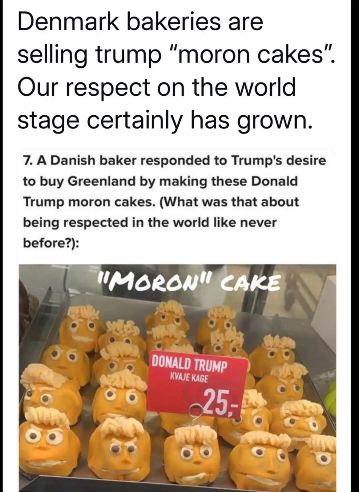 The image shows a display case filled with small, yellow, round cakes shaped like Donald Trump's face, complete with piped…
