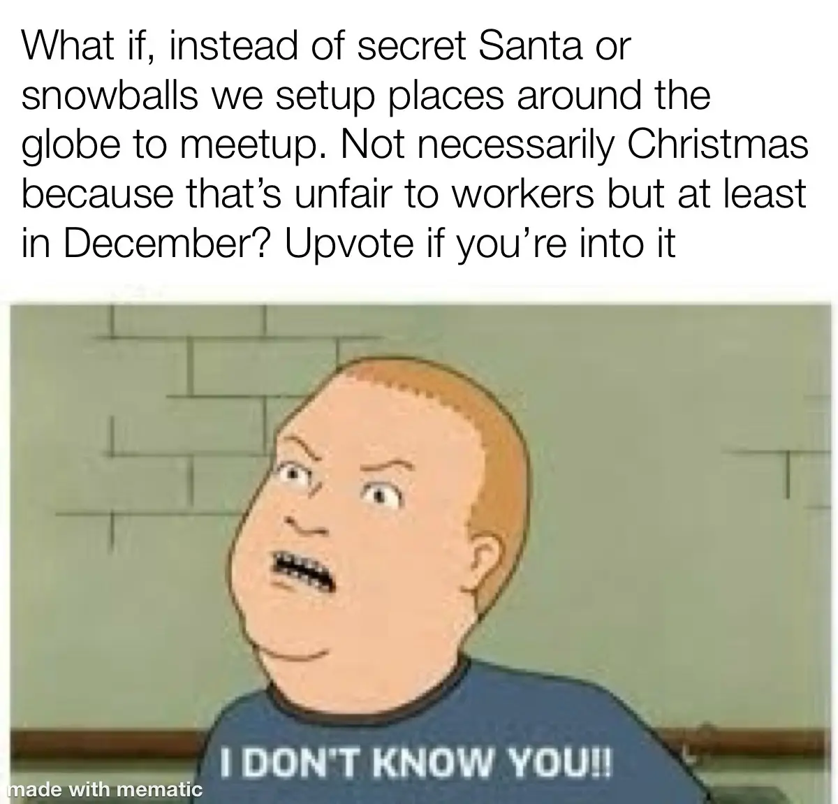 The image shows a cartoon character with a shocked, wide-eyed expression, wearing a blue shirt with the text 'I DON'T KNOW…