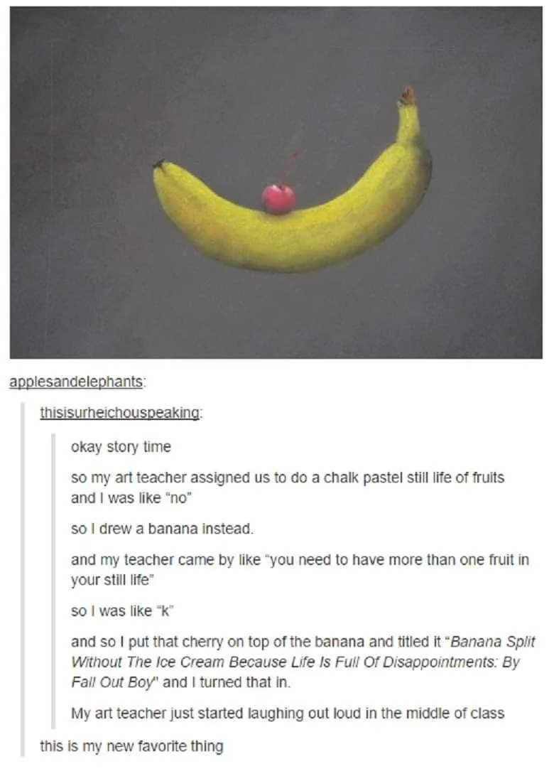 A single yellow banana with a red cherry on top, set against a plain gray background. The overlaid text is a story about a…