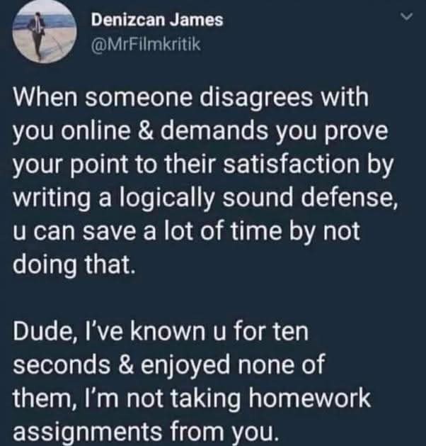 A screenshot of a tweet by Denizcan James (@MrFilmkritik) with white text on a dark background. The tweet humorously advises…