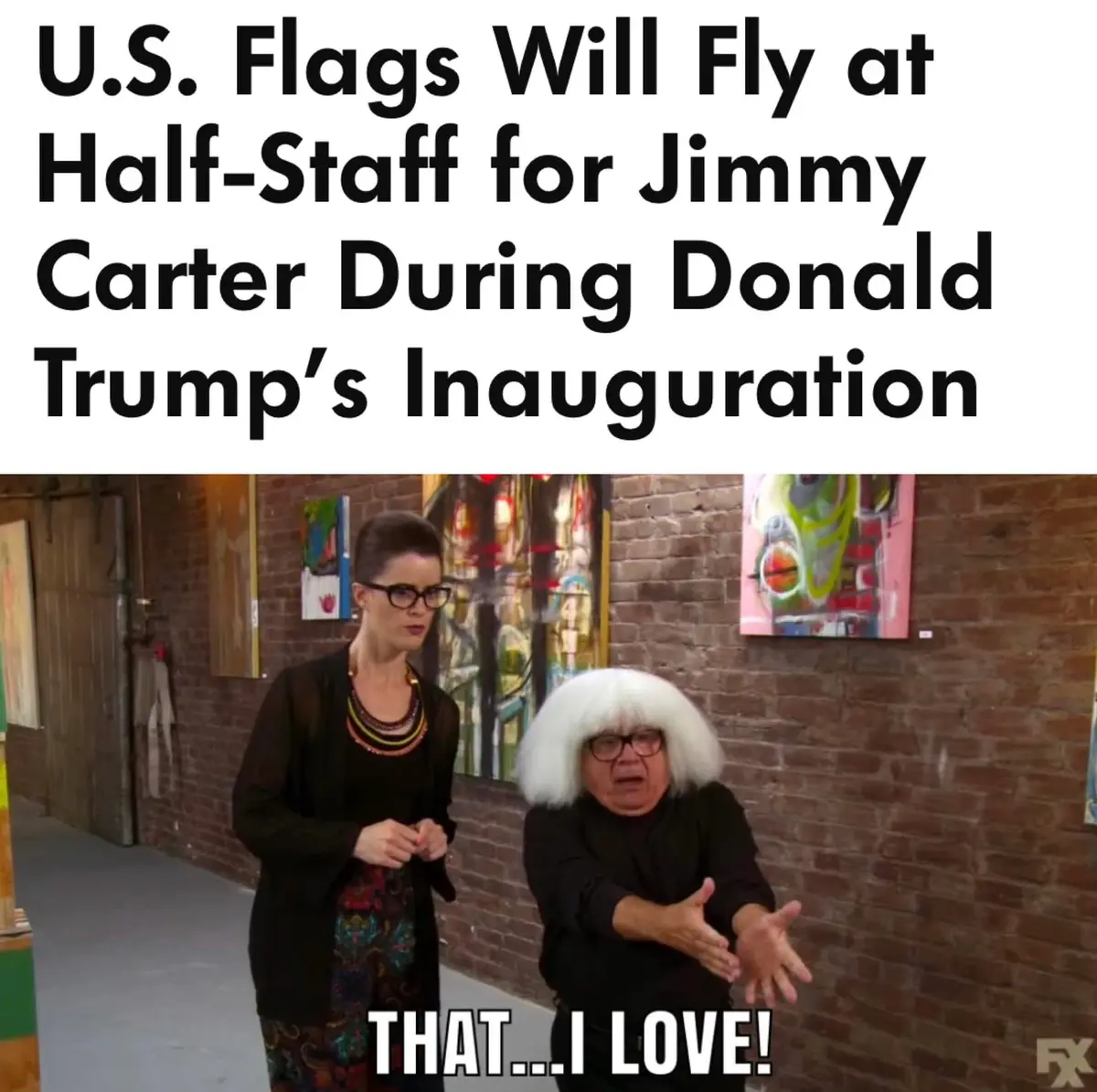 The image shows two women in an art gallery; one with a white wig and glasses gestures excitedly while the other stands…