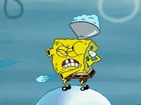 six frames show the animated character SpongeBob SquarePants standing on a white dome, wearing his usual brown pants and…