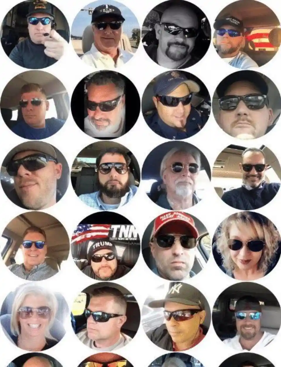 A grid of circular headshots shows numerous people, mostly men, wearing sunglasses and various caps, many inside vehicles…