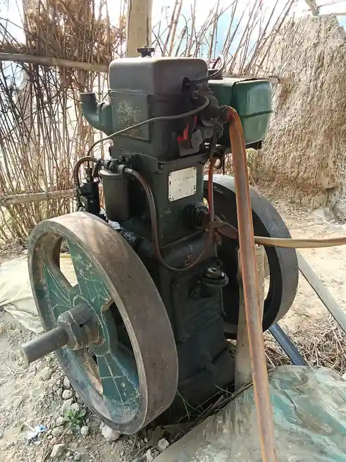 A weathered, green-painted diesel engine with large flywheels sits outdoors on dirt, surrounded by dry reeds and a dirt…