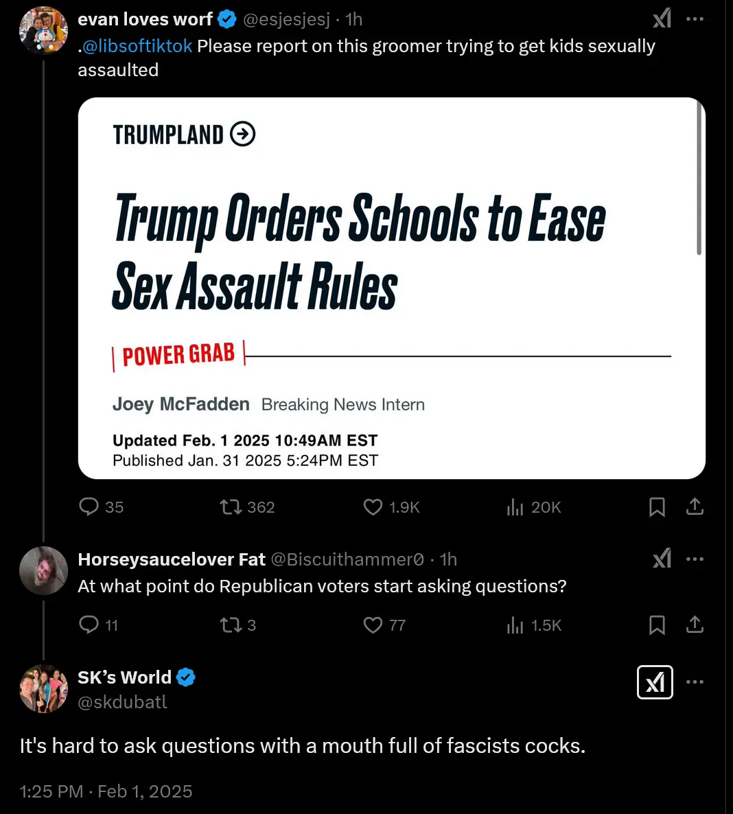 A screenshot of a Twitter thread shows a fake news article from 'TRUMLAND' with the headline 'Trump Orders Schools to Ease…