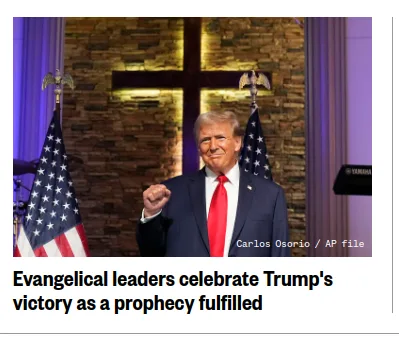 A photo of Donald Trump standing in front of a large cross flanked by two American flags, smiling and gesturing with his…