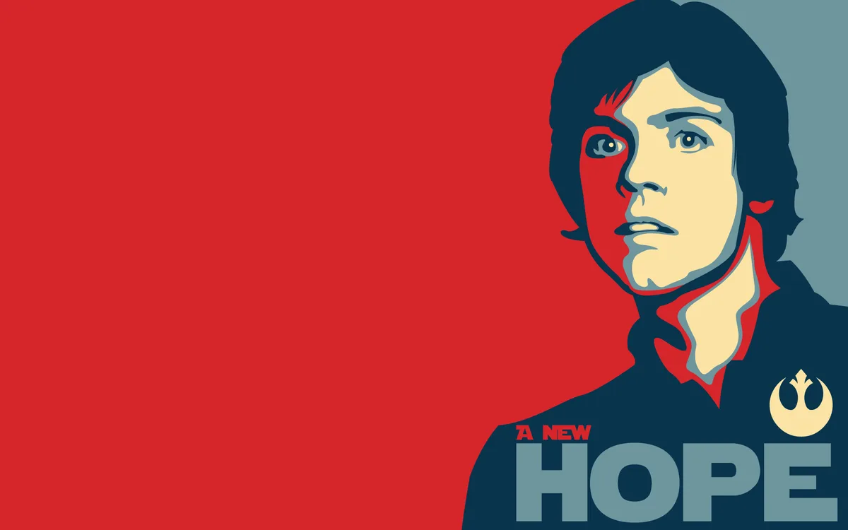 A stylized, poster-like image of Luke Skywalker from Star Wars, shown in profile against a red background, wearing a dark…