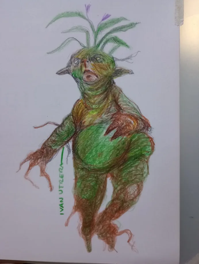 A hand-drawn, colored pencil sketch depicts a green, humanoid creature with plant-like features including leafy hair with…