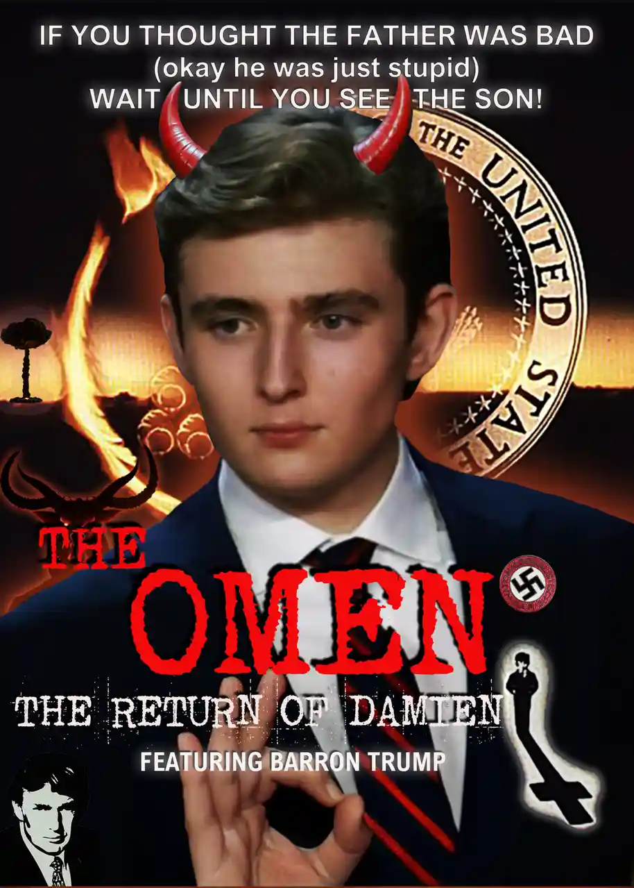 A digitally altered image features a young man, identified as Barron Trump, wearing red devil horns and a suit, set against…