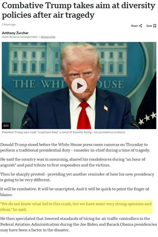 A screenshot of a news article about Donald Trump speaking at the White House press room, with a video player overlay. The…