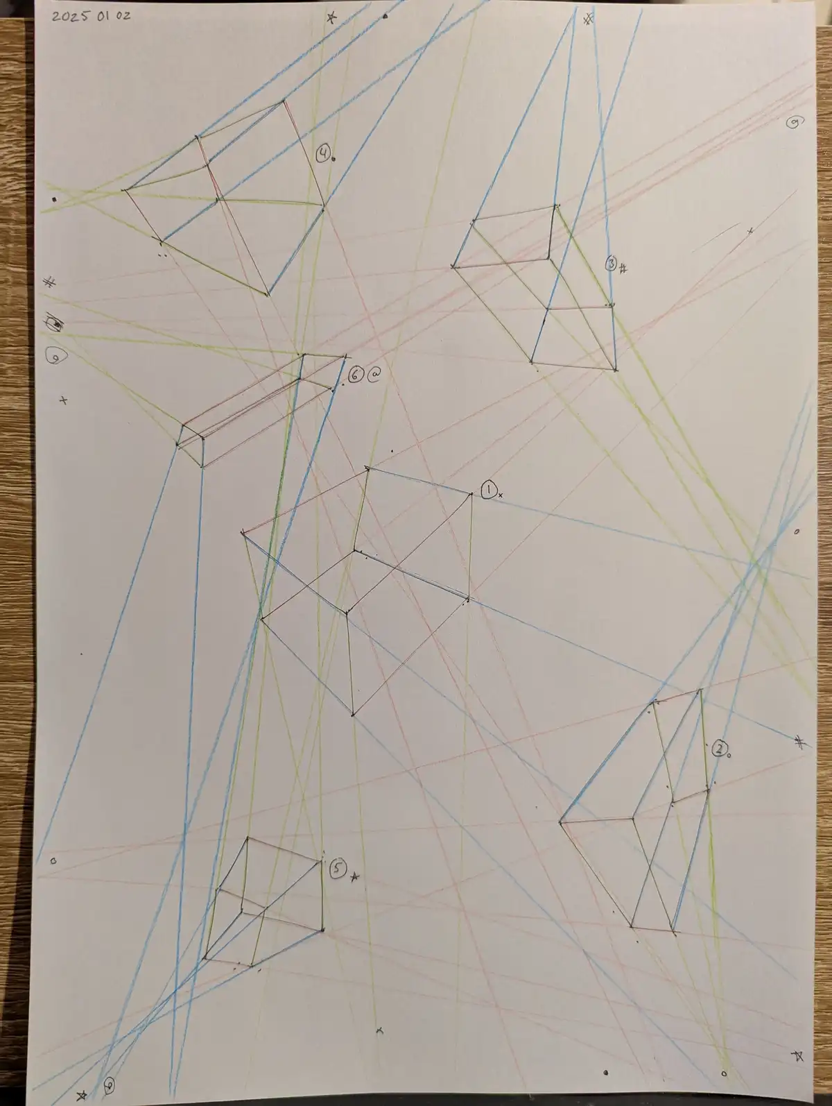 A hand-drawn image on white paper shows multiple overlapping geometric shapes, primarily cubes and pyramids, outlined in…
