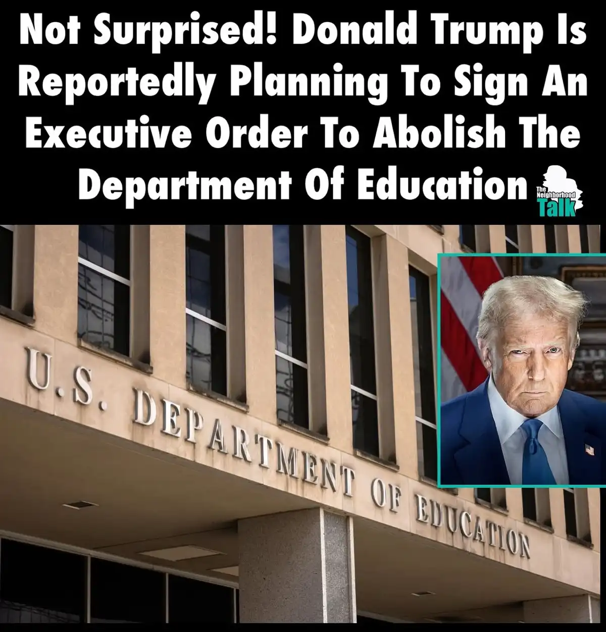 The image shows the exterior of the U.S. Department of Education building with its name engraved on the facade. A small…