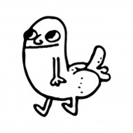 A simple black-and-white line drawing of a cartoonish, blob-like creature with a large, round head, small eyes, and a stubby…
