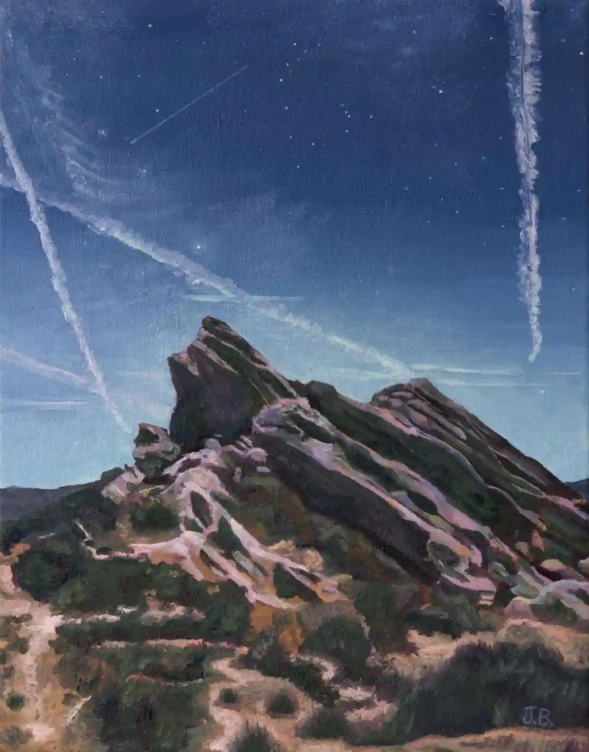 An oil painting depicts a rocky mountain under a starry night sky, which is heavily overlaid with numerous bright white…