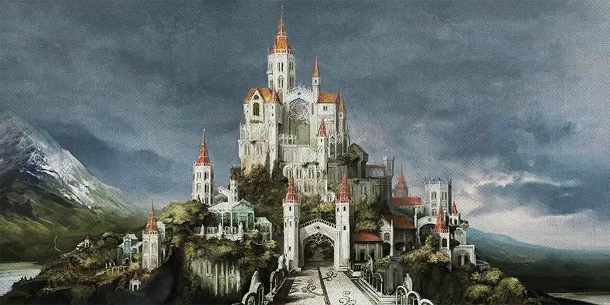 A grand, gothic-style castle with multiple spires and towers sits atop a cliff overlooking water, under a dark, stormy sky…