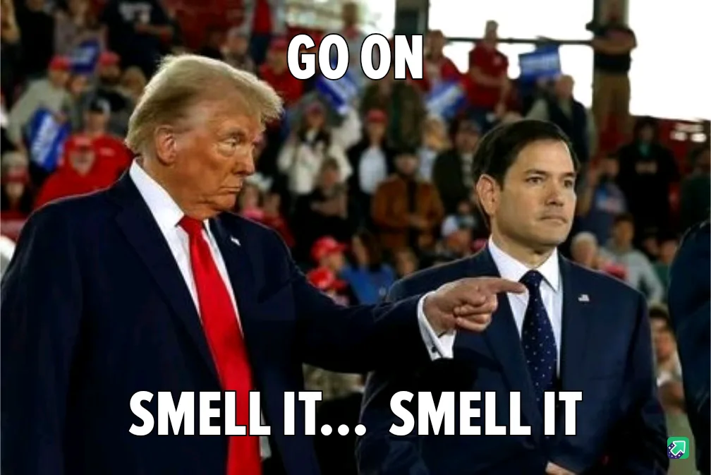 A photo shows Donald Trump pointing at Marco Rubio while both stand in front of a crowd. Trump has a stern expression and is…