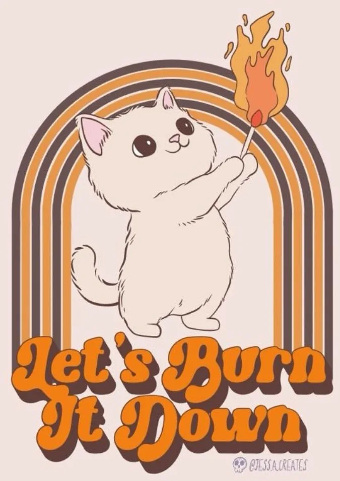 A cute, cartoon-style white kitten stands upright holding a lit match, set against a retro-style arched background with…