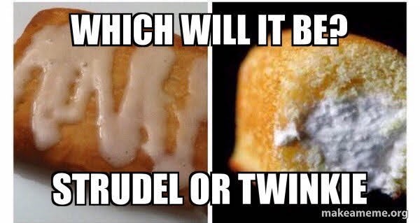 The image is split vertically, showing a glazed strudel on the left and a powdered Twinkie on the right. Bold white text…