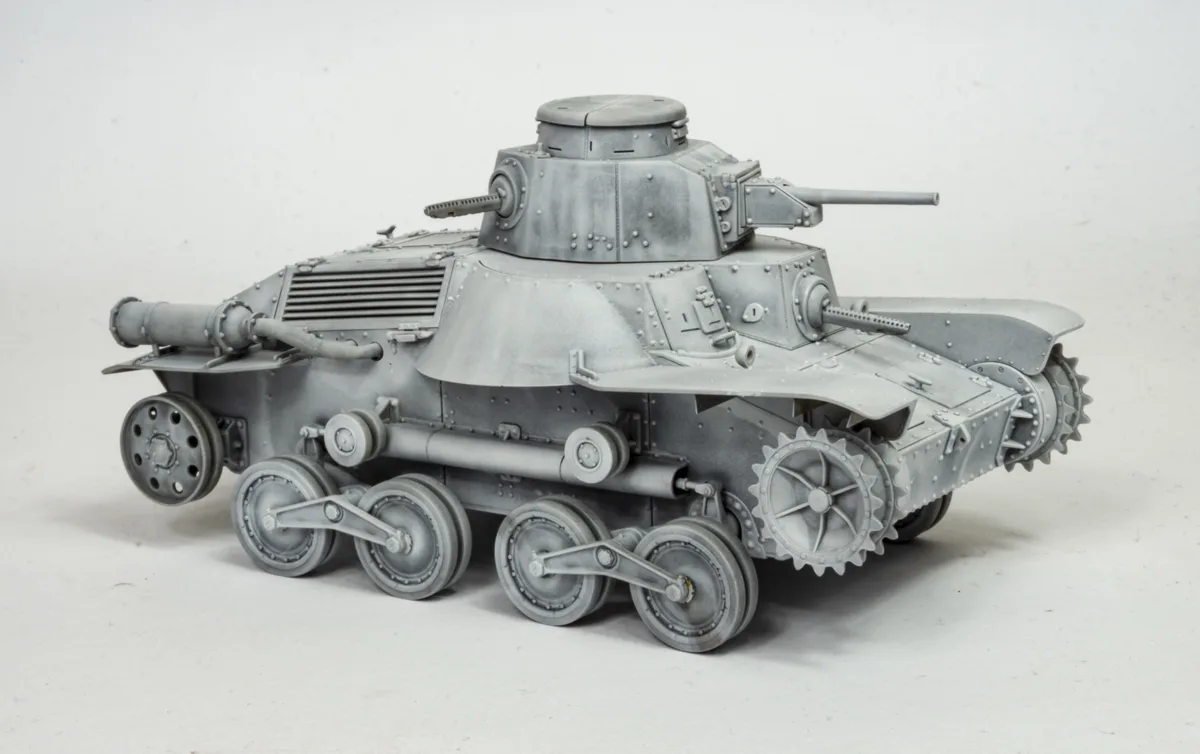 a detailed grey scale model of a tank with a cannon mounted on its side, set against a plain white background. The overlaid…