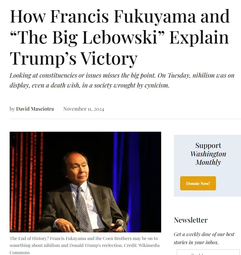 A screenshot of a Washington Monthly article by David Masciotra dated November 11, 2024, featuring a photo of Francis…