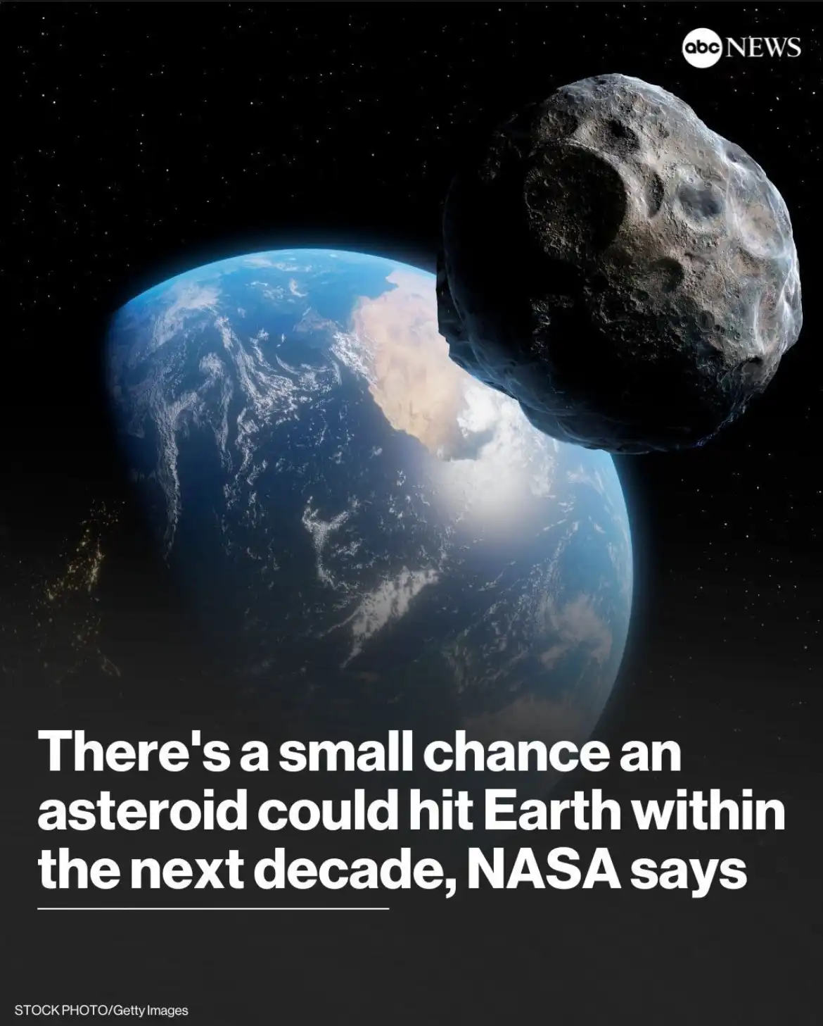 An image shows a large, cratered asteroid looming close to Earth against a starry space background. The overlaid text reads…