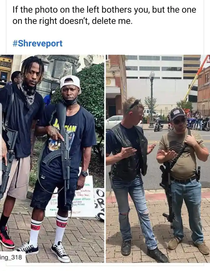 The image displays two side-by-side photos of men holding rifles outdoors. The left photo shows two Black men in casual…