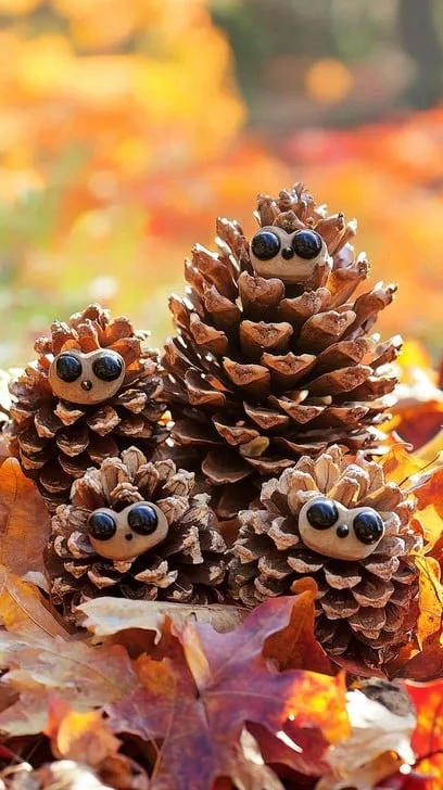 Four pinecones arranged like a family, each with googly eyes and a small nose, sitting among colorful autumn leaves. The…