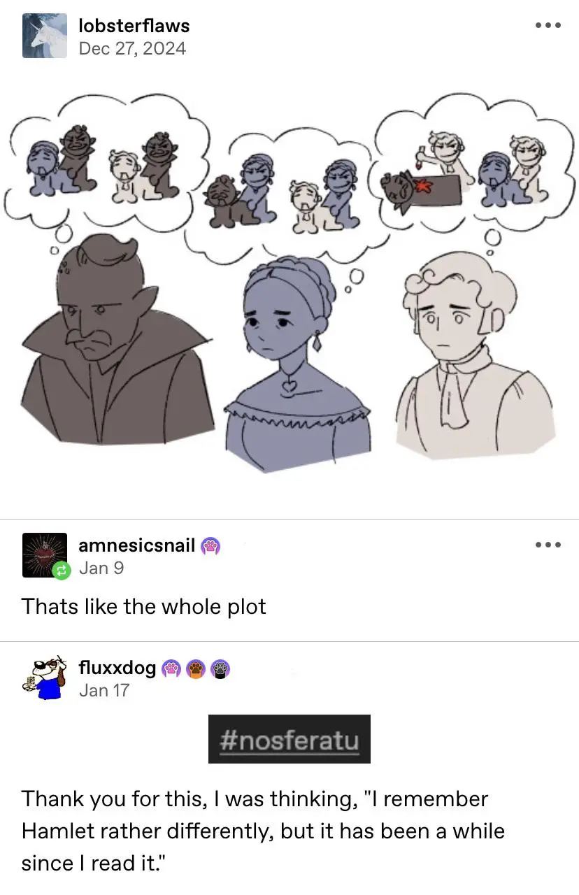 The image shows three stylized busts of characters from Hamlet, each with a thought bubble above them. The left bust has a…
