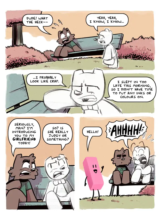 A four-panel comic strip shows two friends on a park bench. One friend, looking disheveled, explains he slept in late and…