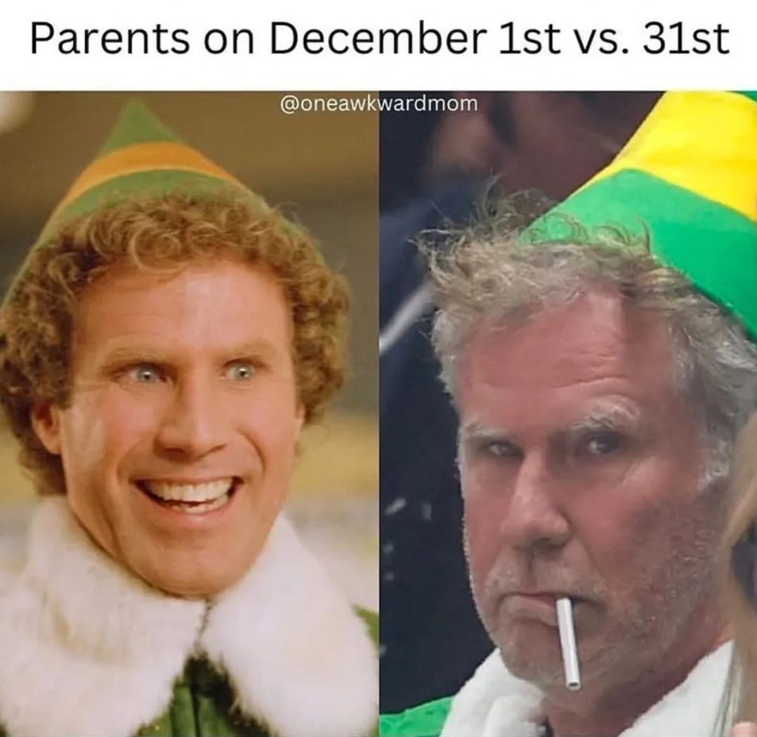 The image is a split-screen meme comparing two photos of actor Will Ferrell. On the left, he appears as the cheerful…
