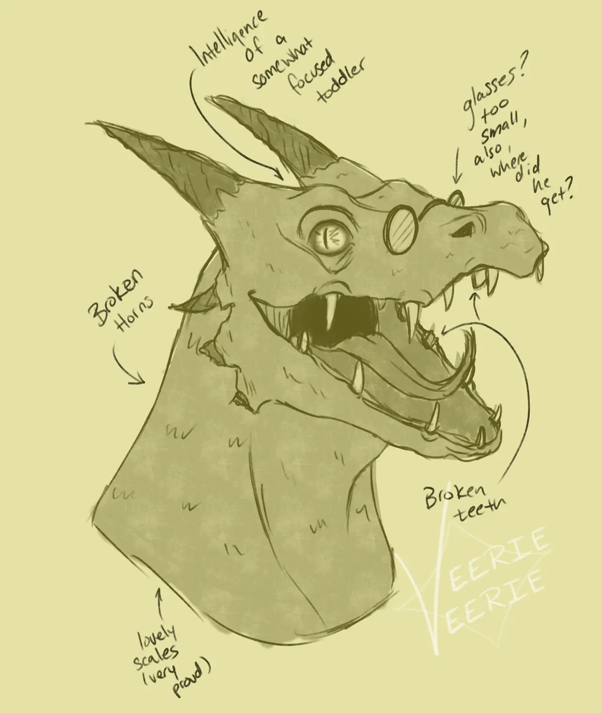 A sepia-toned sketch of a dragon's head with various handwritten annotations pointing to its features: 'Intelligence of a…