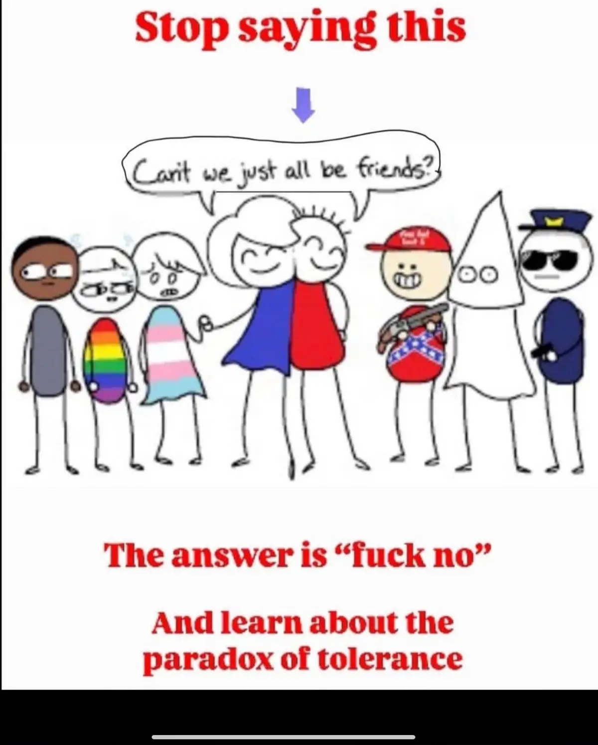 A cartoon drawing shows a group of diverse stick figures, including a Black person, a person with a rainbow flag, a person…
